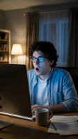 Young man with curly dark hair and glasses working late at night on laptop at wooden desk with coffee mug, papers, and lamp in modern home office with window and shelving.