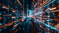 Abstract digital technology background with glowing blue and orange light trails creating dynamic motion effect through cyber space tunnel.