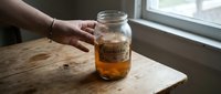 Hands holding glass jar with fermented kombucha tea on wooden table by window. Homemade probiotic drink brewing process for healthy lifestyle and wellness.
