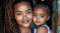 Young African American mother with dreadlocks holding adorable toddler daughter, both smiling warmly at camera in bright natural lighting for family portraits.