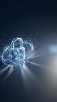 Digital padlock with glowing circuits and data streams representing cybersecurity, network protection, and secure cloud computing technology solutions.