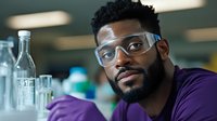Young African American male scientist wearing protective goggles and purple lab coat examines laboratory glassware while conducting research in modern facility.