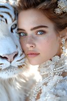 Young woman with freckles and blue eyes in white lace dress poses with white tiger face. Ethereal fantasy portrait featuring natural makeup and delicate details.