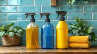 Colorful cleaning spray bottles with microfiber cloths on wooden counter against turquoise tile backsplash for household maintenance and organization.