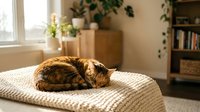 Orange tabby cat sleeping peacefully on cozy knitted blanket in sunlit living room with houseplants and books creating warm domestic atmosphere.