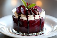 Elegant dessert with dark cherry jelly topped with fresh cherries and cream, drizzled with chocolate sauce on white plate against blurred background.
