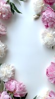 Pink and white peonies create elegant frame border on white background, with green leaves and soft petals forming romantic floral composition for wedding designs.