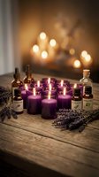 Purple candles glowing on rustic wood table with lavender sprigs and essential oil bottles, creating a calming aromatherapy spa atmosphere.