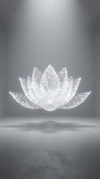 Sparkling white lotus flower with glittery texture floating in minimalist gray studio space for meditation and wellness design projects.