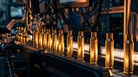 Industrial ammunition manufacturing line with brass bullet casings in production facility with warm lighting and machinery equipment.