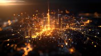 Futuristic golden cityscape with glowing skyscrapers and digital network connections at night, showcasing modern urban technology landscape.