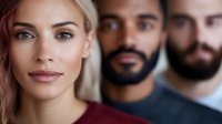 Diverse business team portrait with blonde Caucasian woman in foreground and two bearded men of different ethnicities in background, showing workplace inclusion.