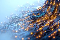 Abstract circuit board with glowing orange light paths on blue background, representing digital technology and electronic connectivity.