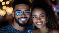 Young African American couple smiling at night with bokeh lights background. Man wearing trendy glasses and woman with natural curly hair showing genuine happiness.