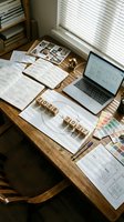 Creative workspace with laptop, sketches, and wooden blocks showing 2023 to 2024 transition for design planning and project development in home office setting.