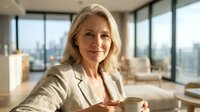 Confident mature blonde businesswoman smiling in modern office with city skyline view, professional corporate executive portrait for business success concepts.
