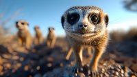 Curious meerkat close-up portrait with group in background against blue sky. Wide angle lens creates dramatic perspective in African desert habitat. Wildlife photography.