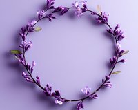 Purple floral wreath with delicate blossoms and green leaves arranged in circle on soft lilac background, elegant botanical frame for wedding designs.