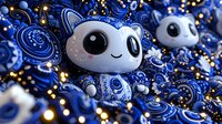 Cute white cartoon character with big eyes and blue ornate patterns surrounded by glowing lights and swirling decorative elements in magical fantasy style.