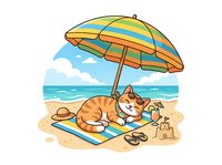 Ginger cat relaxing under striped beach umbrella on sandy shore with towel, sandcastle, and flip-flops. Summer vacation scene for travel and leisure designs.