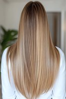 Back view of long straight blonde hair with natural balayage highlights on woman wearing white. Professional hairstyling result shows smooth, healthy hair texture.