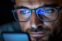 Middle Eastern man with beard wearing glasses illuminated by blue light from digital screen, close-up portrait showing technology impact on modern lifestyle.