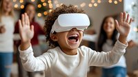 Excited young African American child wearing virtual reality headset, laughing with arms raised while experiencing immersive VR technology at home with bokeh lights.