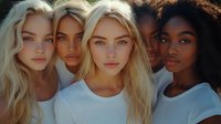 Diverse group of young women with different skin tones and features wearing white tops, representing beauty, friendship and inclusivity in modern fashion and lifestyle.
