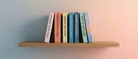 Colorful hardcover books arranged on wooden shelf against gradient pink and blue background, representing literature, education, and home library organization.
