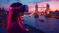 Young Caucasian woman wearing VR headset against illuminated Tower Bridge and Thames river at sunset with neon purple lighting creating futuristic urban atmosphere.