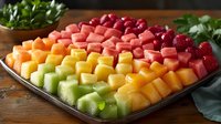 Fresh cut tropical fruit platter arranged in rainbow pattern with watermelon, pineapple, mango, honeydew melon, cantaloupe and strawberries on dark wooden surface.