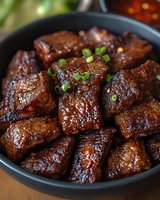 Glazed pork belly chunks in dark soy sauce garnished with chopped green onions, served in black bowl. Asian cuisine close up with selective focus.