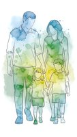 Watercolor family silhouettes with parents and two children holding hands in blue green yellow gradient splashes for greeting cards and family concepts.