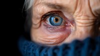 Extreme close up of bright blue human eye with detailed iris texture and wrinkles around, person wearing dark blue scarf or fabric covering part of face.