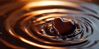 Heart-shaped chocolate drop creating concentric ripples in melted dark chocolate liquid, captured in macro photography with warm amber lighting and reflective surface.