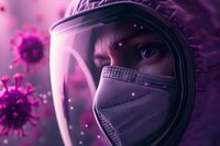 Healthcare worker in protective gear with face shield and mask surrounded by virus particles in purple tones, representing pandemic frontline response.