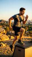 Athletic male runner in his twenties with dark hair and light skin tone performing outdoor training on rocky terrain at sunset with cityscape background for fitness and wellness content.