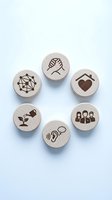 Six wooden tokens arranged in a circle, each engraved with a social concept icon including teamwork, home, listening, growth, network, and community.