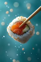Fresh salmon sushi roll with cucumber held by chopsticks against turquoise bokeh background, garnished with sesame seeds and rice, macro food photography.