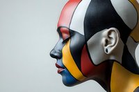 Female profile with creative geometric face paint in black, white, yellow, red and blue colors on neutral background, artistic makeup concept for fashion and beauty.