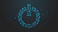 Digital power button symbol made of connected glowing blue dots and lines on dark background for technology and electronics design projects.