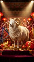 White goat with curved horns standing in ornate Asian temple setting decorated with red lanterns, gold coins, and traditional banners for lunar new year celebrations and festive occasions.