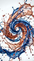 Dynamic blue and brown liquid splash creating spiral vortex pattern with droplets and crown formations on white background for creative design projects.