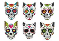 Colorful sugar skull cat heads with floral patterns and vibrant decorative designs. Isolated clipart ready for t-shirts, invitations, and creative projects.