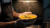 Culinary professional in black chef's coat and white gloves presenting steaming gourmet soup with rosemary garnish and olive oil drizzle under warm kitchen lighting.