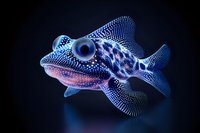 Luminescent deep sea fish with dotted pattern and large eye glowing in dark blue waters, featuring intricate details and bioluminescent spots across its body.