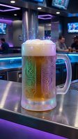 Futuristic beer mug with holographic circuit board pattern and digital steam effects in modern tech bar setting with neon lighting and blurred customers.