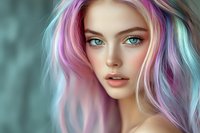 Young woman with vibrant multicolored pastel hair in pink, purple and blue tones, bright blue eyes and natural makeup against blurred turquoise background.
