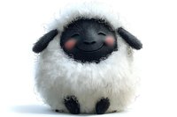 Adorable fluffy black-faced sheep character with rosy cheeks and happy expression sitting on white background, isolated design element for children's illustrations.