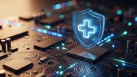 Digital healthcare security shield with medical cross glowing over computer motherboard and circuits representing cybersecurity protection for medical data systems.
